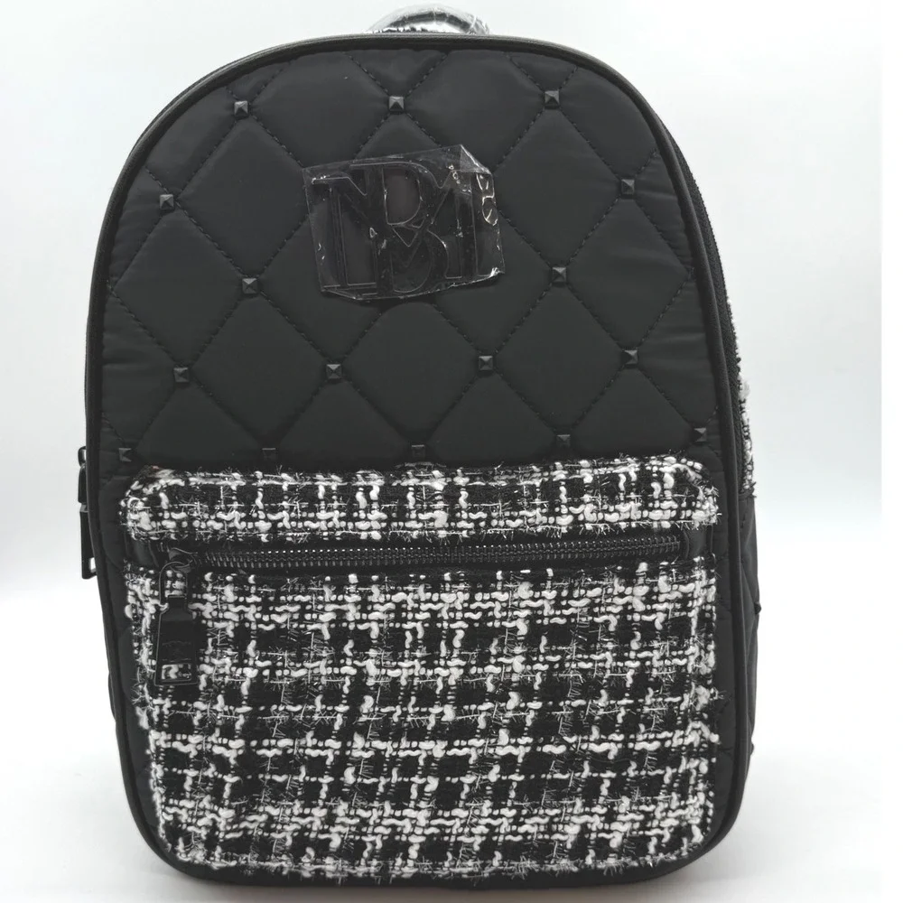 Badgley‎ Mischka Diamond Quilted Nylon & Tweed Small Backpack Black